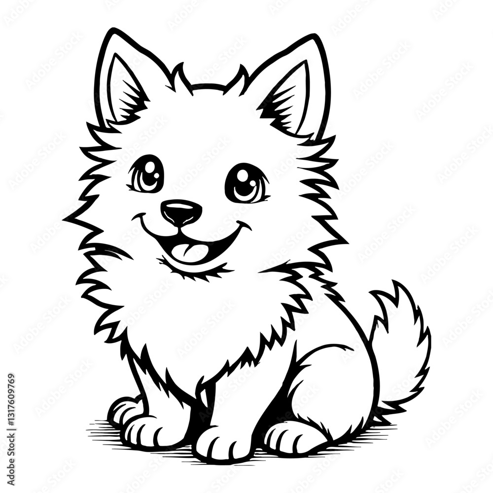 Fototapeta premium Cute Chibi Kawaii Collie Smiling Face Front View Detailed Black and White Outline Line Art Drawing