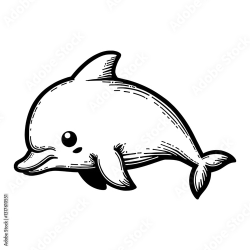 Cute Chibi Kawaii Dolphin Cartoon Illustration Style Black and White Outline Line Art Drawing