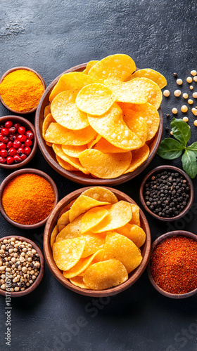 Crispy chips in bowls with assorted spices