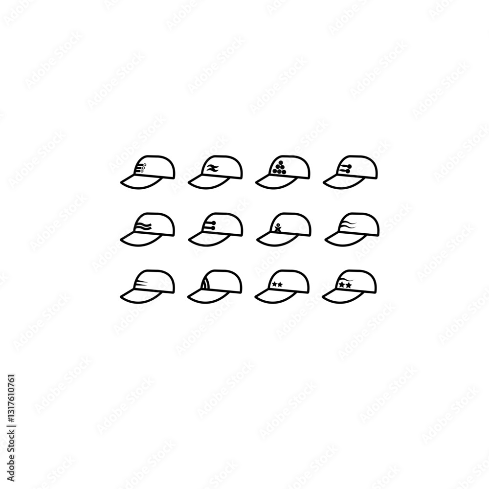 cap on white background icon set of Baseball hat line logo design vector illustration.