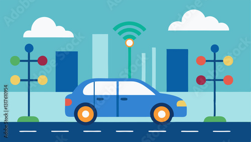 Smart Traffic Management Illustrate a selfdriving car integrating with a smart city system complete with interconnected traffic lights and data signals flowing between vehicles.