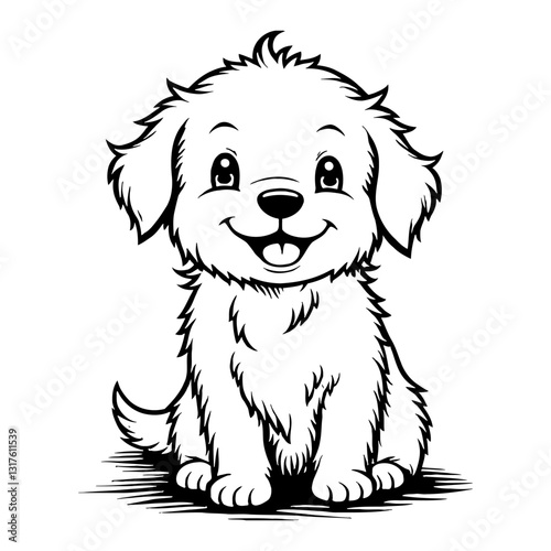 Cute Chibi Kawaii Golden Retriever Puppy Sitting Cartoon Style Black and White Outline Line Art Drawing