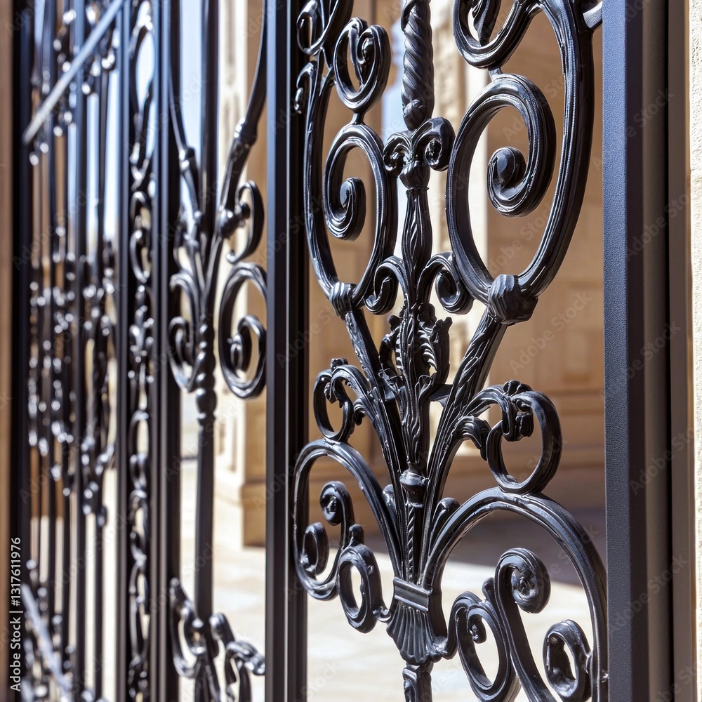 Ornate dark metal gate with intricate, scroll-like designs against a blurred background Ornate dark metal gate with intricate, scroll-like designs against a blurred background