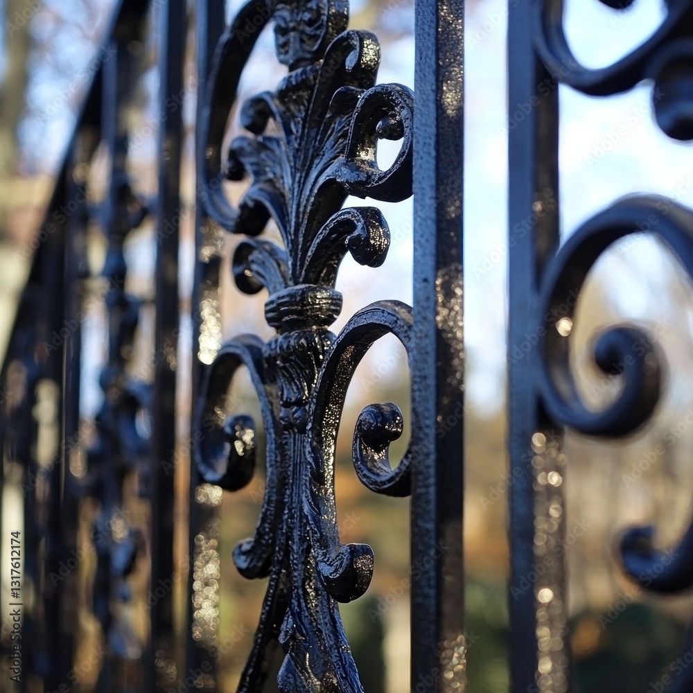 Ornate black metal fence detail with leafy filigree, against out-of-focus background Ornate black metal fence detail with leafy filigree, against out-of-focus background