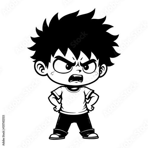 Cute Chibi Kawaii Little Boy in Angry Pose Cartoon Illustration Black and White Outline Line Art Drawing