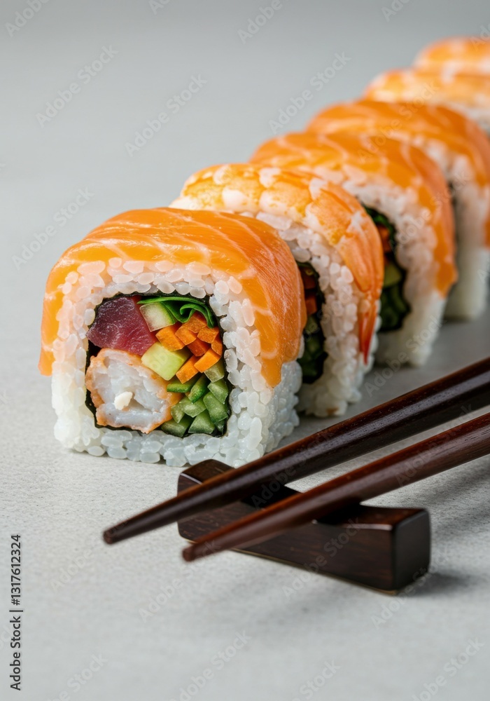 Elegant sushi roll with vibrant fillings, grasped by chopsticks against a bright, minimalist backdrop. Elegant sushi roll with vibrant fillings, grasped by chopsticks against a bright, minimalist backdrop.
