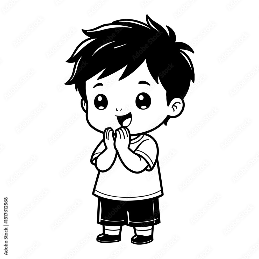 Cute Chibi Kawaii Little Boy in Clapping Pose Happy Smiling Black and White Outline Line Art Drawing Cute Chibi Kawaii Little Boy in Clapping Pose Happy Smiling Black and White Outline Line Art Drawing