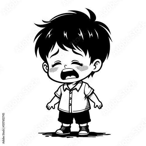 Cute Chibi Kawaii Little Boy Crying with Open Mouth in Distress Black and White Outline Line Art Drawing