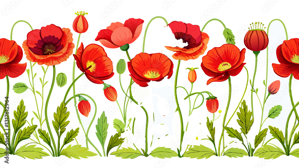 Fototapeta premium horizontal seamless border with poppy flowers isolated on white background Low Angle