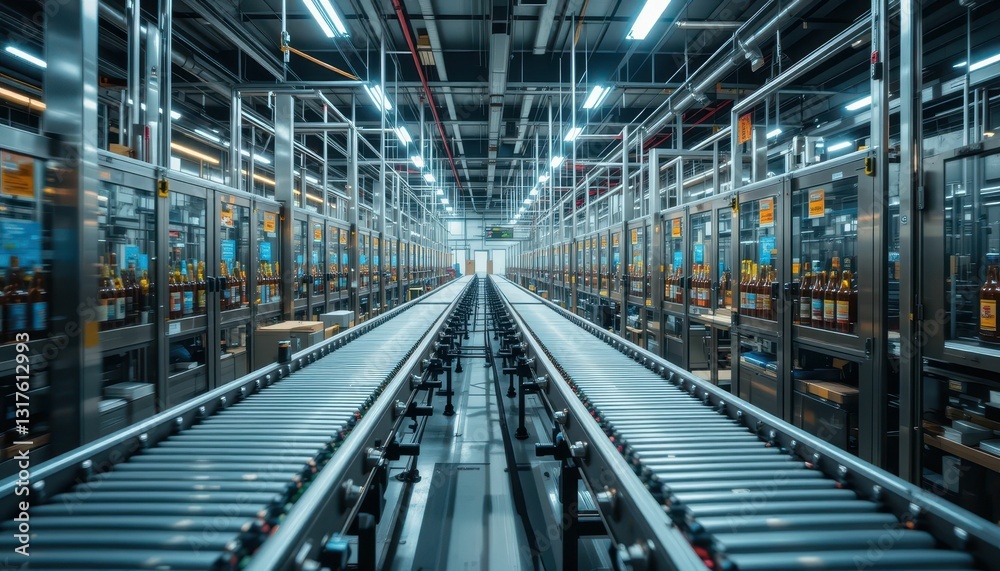 Fototapeta premium Industrial Warehouse with Conveyor Belt in Modern Storage Facility