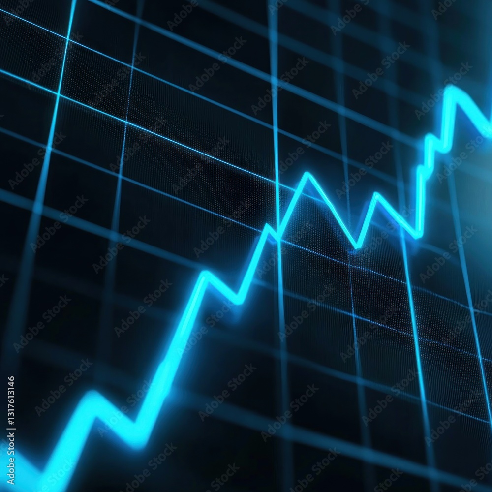 Glowing blue graph line charts upward over a dark grid background in this abstracted image Glowing blue graph line charts upward over a dark grid background in this abstracted image