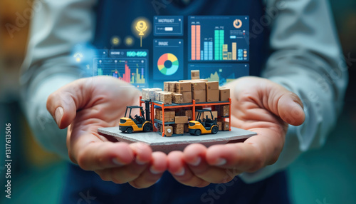 Hands holding miniature warehouse model with forklifts and boxes surrounded by digital analytics dashboard. Supply chain management visualization with data charts, kpis, and logistics metrics