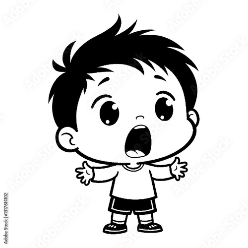 Cute Chibi Kawaii Little Boy Surprised or Shocked Pose Expression in Black and White Outline Line Art Drawing