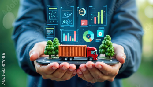 Hands holding truck with container on road platform with trees. Digital analytics dashboard with charts and metrics floating above. Logistics transportation data visualization with kpi