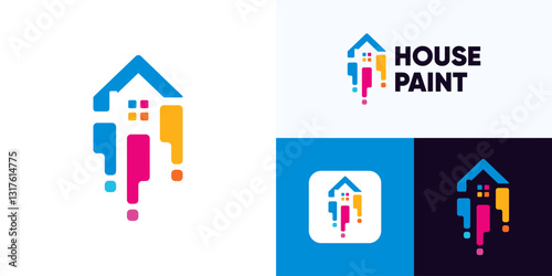House paint logo design for service decor and repair multicolor icon, Concept for home decoration, Building, House construction and staining, Home logo integrated with painting colorful icon