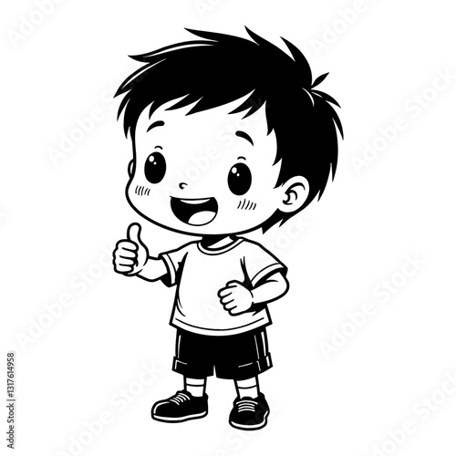 Cute Chibi Kawaii Little Boy with Thumbs Up Pose Cartoon Black and White Outline Line Art Drawing