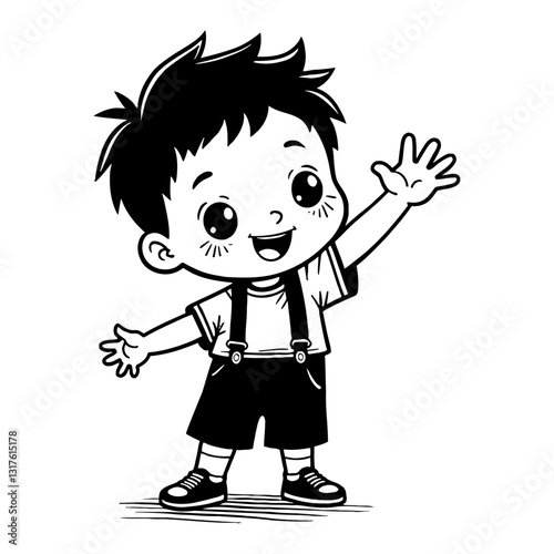 Cute Chibi Kawaii Little Boy Waving Hand Cartoon Illustration in Black and White Outline Line Art Drawing