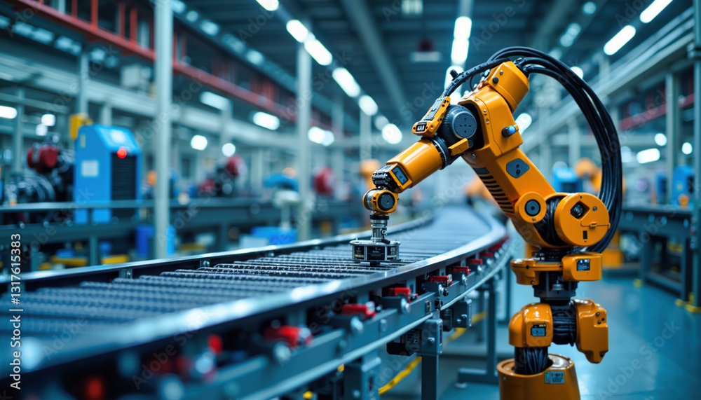 Industrial robotic arm working on manufacturing assembly line. Yellow articulated robot performing precision task in modern factory. Automated machinery enhances production efficiency in tech facility Industrial robotic arm working on manufacturing assembly line. Yellow articulated robot performing precision task in modern factory. Automated machinery enhances production efficiency in tech facility