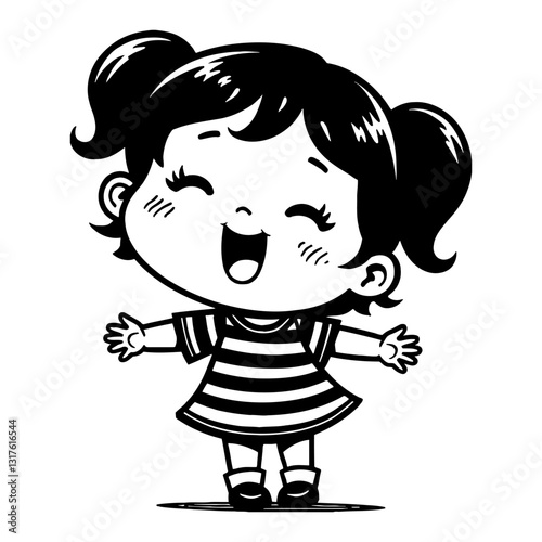 Cute Chibi Kawaii Little Girl Happy Pose with Arms Open Smiling Face Black and White Outline Line Art Drawing