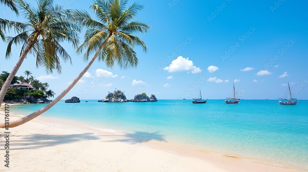 Naklejka premium Tropical Beach Scene with Palm Trees, Clear Blue Water, and Traditional Boats on Calm Sunny Day