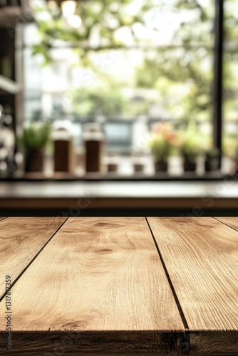 Empty wood table top view for product display montage on blur kitchen counter and wide window background