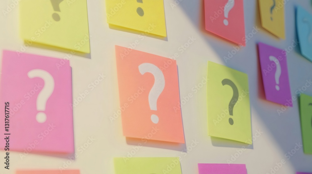 Question marks hanging on white background representing brainstorming and faqs