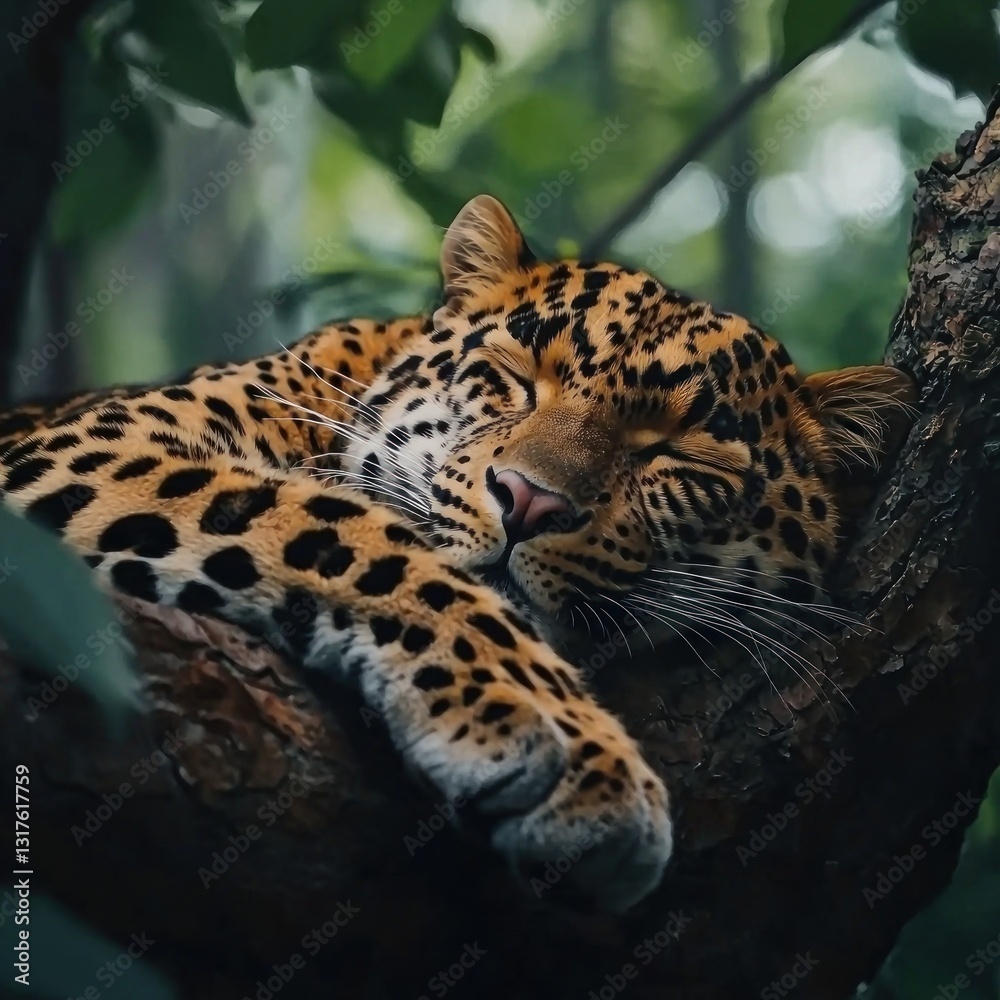 Obraz premium Spotted feline sleeps on tree limb, surrounded by green foliage, looking peaceful