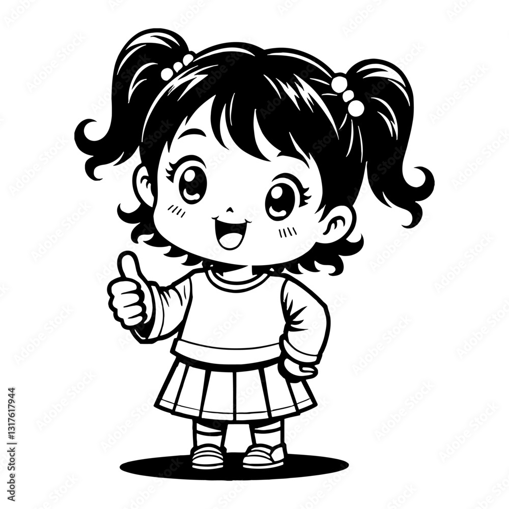 Cute Chibi Kawaii Little Girl with Thumbs Up Pose in Black and White Outline Line Art Drawing Cute Chibi Kawaii Little Girl with Thumbs Up Pose in Black and White Outline Line Art Drawing