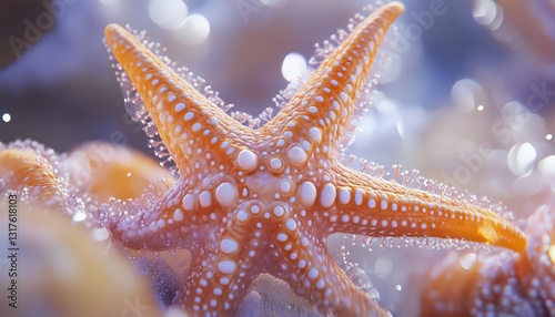 Starfish with Stardust Arms on Beach Sand with Sparkling Light