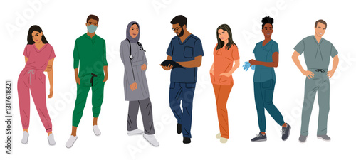 Set of doctors, nurses, paramedics. Multiracial, multicultural team of medic workers in uniform scrubs. Flat cartoon vector illustration isolated on transparent background