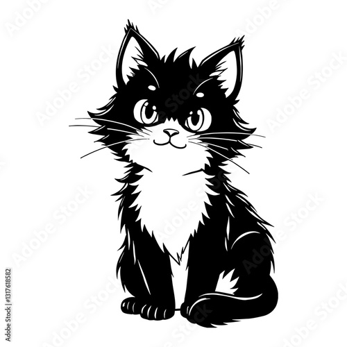 Cute Chibi Kawaii Maine Coon Cat Sitting Cartoon Style Black and White Outline Line Art Drawing