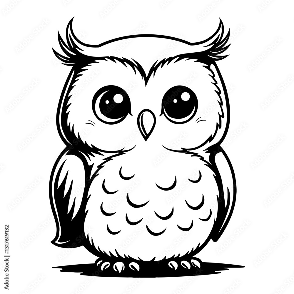 Fototapeta premium Cute Kawaii Chibi Owl with Big Eyes Full Body Front View Isolated Black and White Outline Line Art Drawing