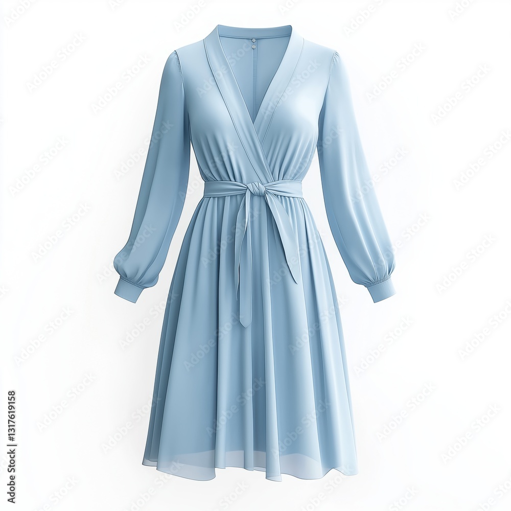 A light sky blue, long-sleeved, button-down, A-line dress with a v-neck and a tie waist, featuring a smooth, chiffon-like texture A light sky blue, long-sleeved, button-down, A-line dress with a v-neck and a tie waist, featuring a smooth, chiffon-like texture