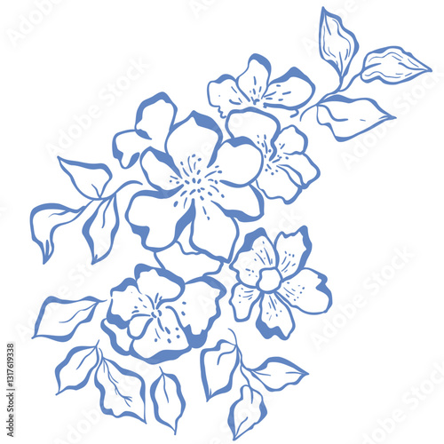 Line Art Blue Flower. Vector Illustration.