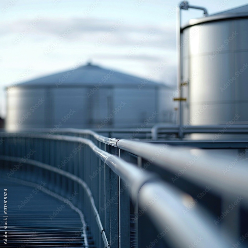 Naklejka premium Industrial site with large metal tanks under a cloudy sky. Metal railing in foreground
