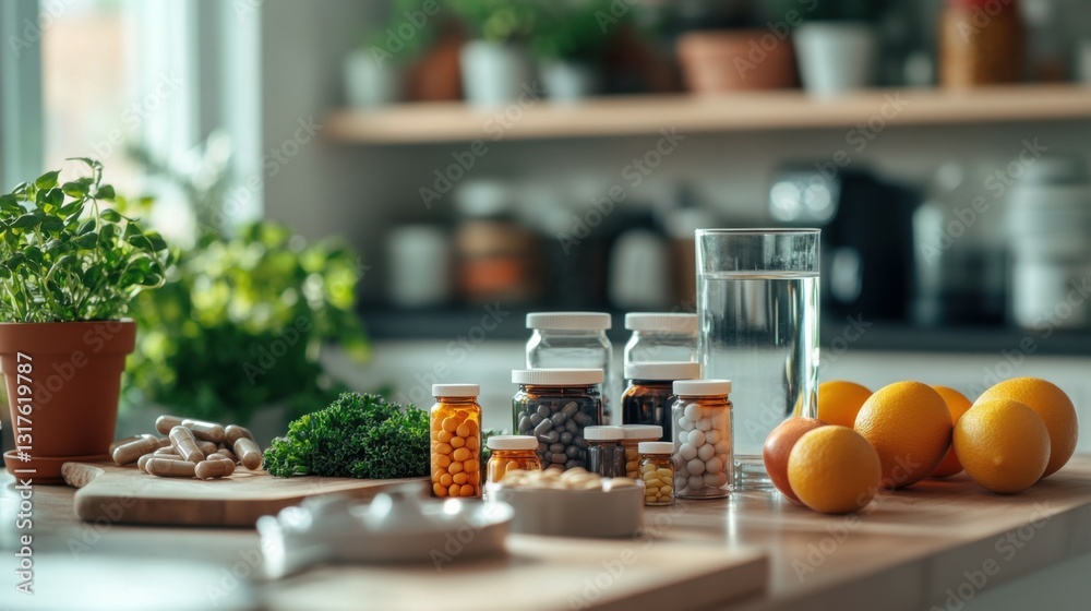 A well-organized kitchen counter with various vitamin supplement bottles neatly arranged next to a glass of water and a healthy meal A well-organized kitchen counter with various vitamin supplement bottles neatly arranged next to a glass of water and a healthy meal