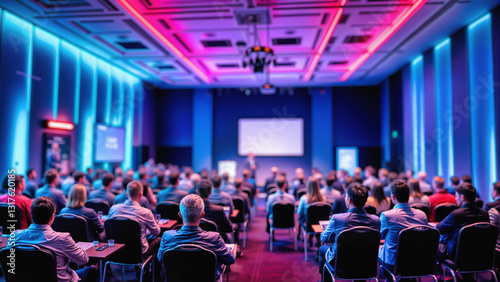 Business conference in modern auditorium with blue and pink neon lighting. Audience of professionals seated in rows facing presentation screen. Corporate event with speakers on stage in futuristic