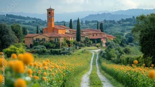 Dirt road leading to picturesque italian village in tuscany surrounded by flowers