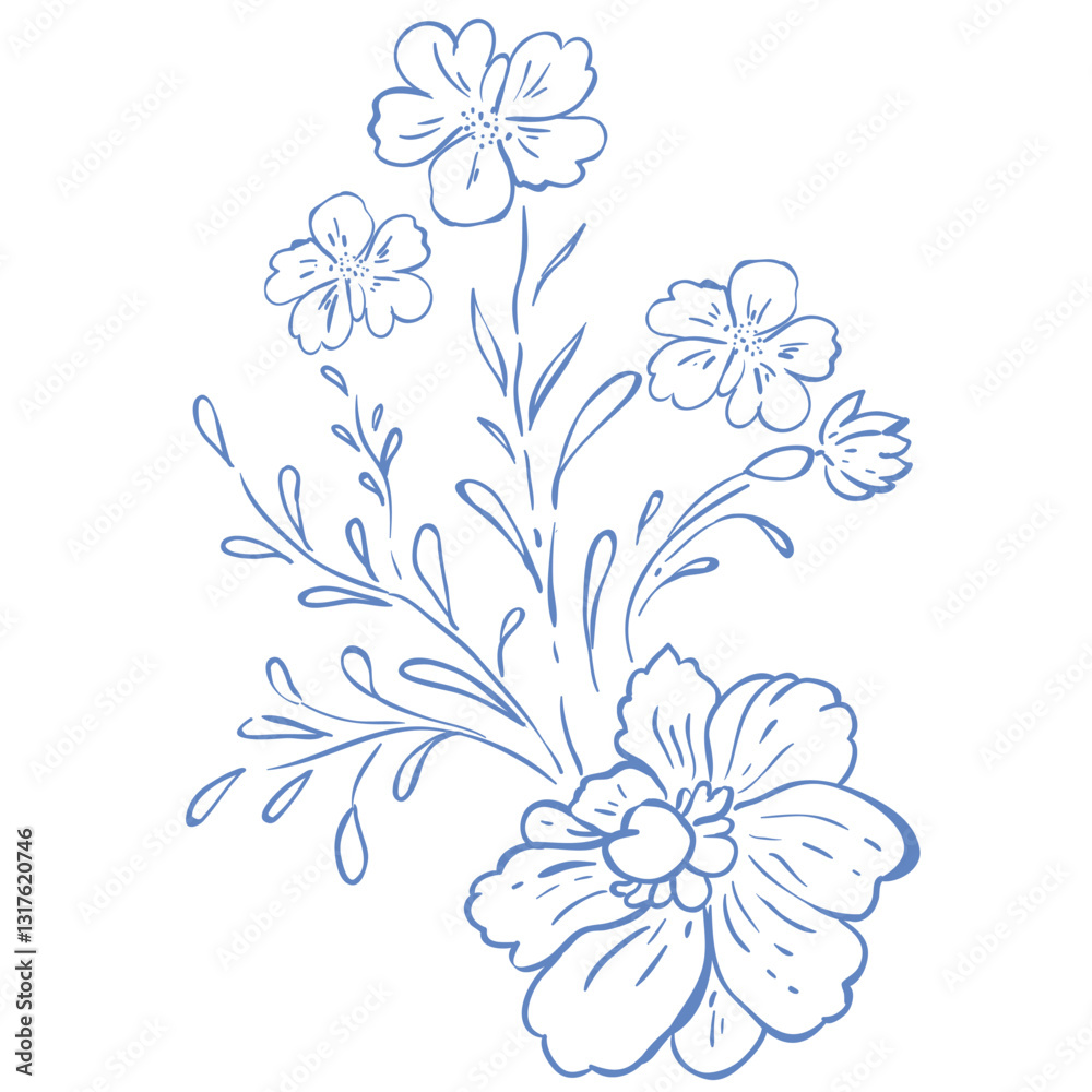 Fototapeta premium Line Art Blue Flower. Vector Illustration.
