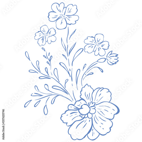 Line Art Blue Flower. Vector Illustration.