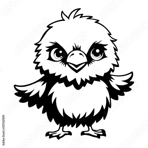 Cute Chibi Kawaii Raven Front View Vector Graphic in Black and White Outline Line Art Drawing