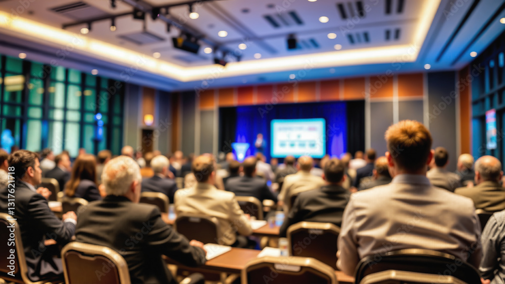 Obraz premium Business conference in elegant ballroom with blurred audience view from rear. Executive attendees in formal attire seated at tables. Professional speaker on stage with presentation screen and blue