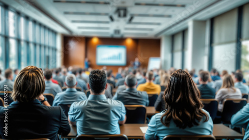 Business conference with audience in modern hall. Large crowd views growth chart presentation on screen. Rear perspective of diverse attendees seated at rows of desks. Corporate training event