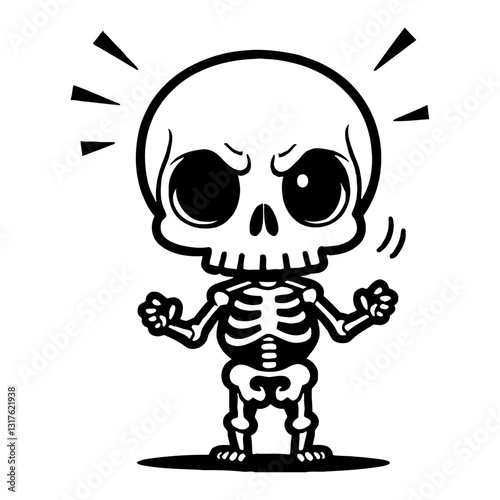 Cute Chibi Kawaii Skeleton Angry Pose Black and White Outline Line Art Drawing for Halloween