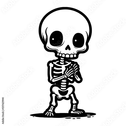 Cute Chibi Kawaii Skeleton Clapping Pose Cartoon Style Black and White Outline Line Art Drawing
