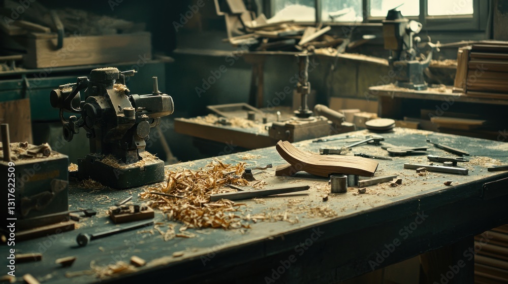 Fototapeta premium Workshop chaos. Wood shavings on a workbench, tools and projects nearby