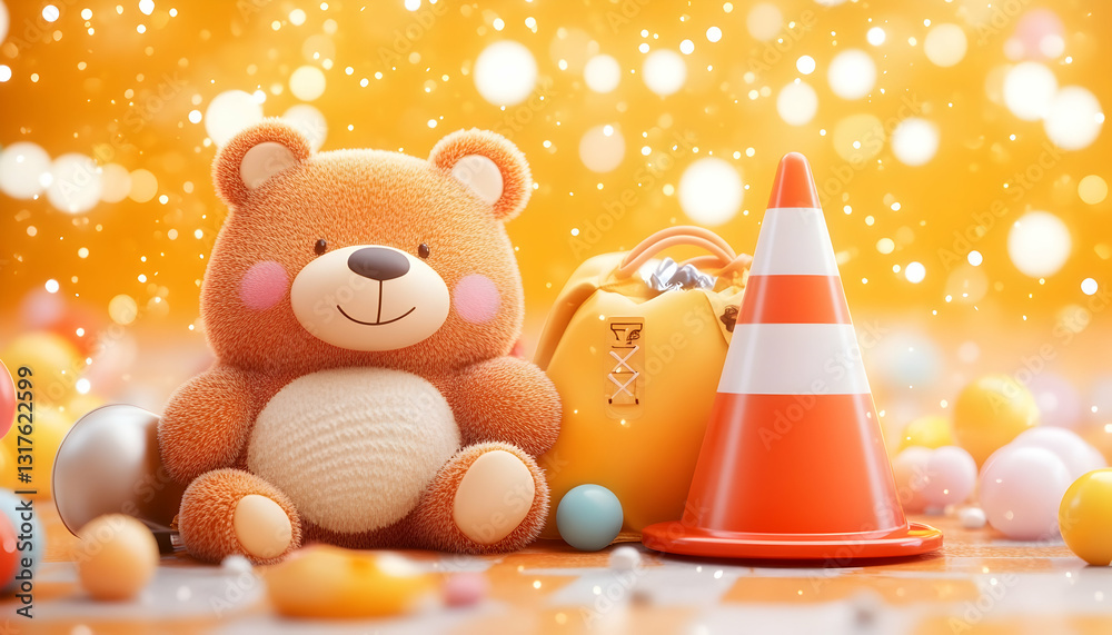 Obraz premium Cute teddy bear with backpack and traffic cone amidst colorful bokeh