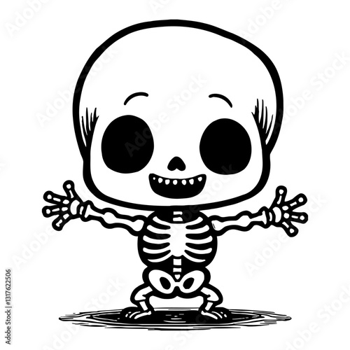 Cute Chibi Kawaii Skeleton in Happy Pose Vector Black and White Outline Line Art Drawing