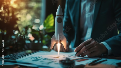 Businessman hold virtual rocket launch investment growth, planning and starting corporate business start up aiming objective value development leadership and customer target group.