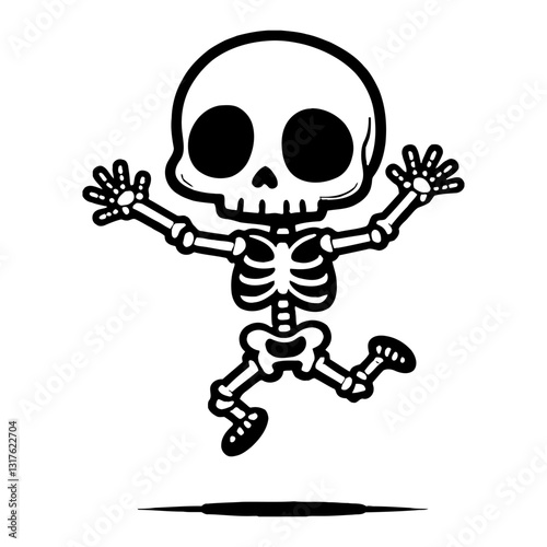 Cute Chibi Kawaii Skeleton Jumping Pose Cartoon Illustration Black and White Outline Line Art Drawing